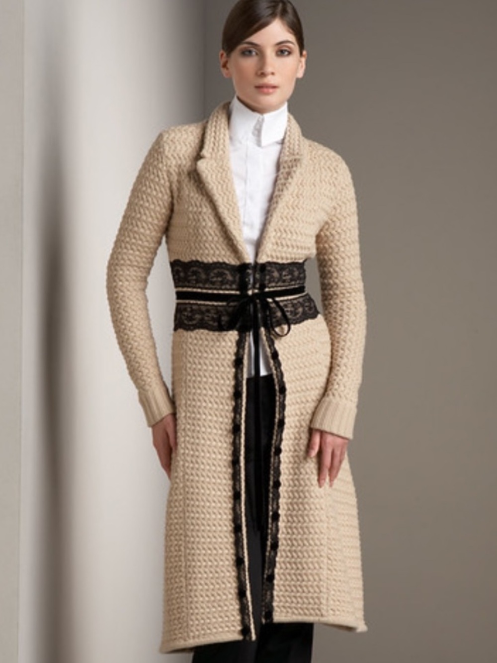 Robert Rodriguez Beige Crochet Long Cardigan Sweater Coat with Black Lace Belt